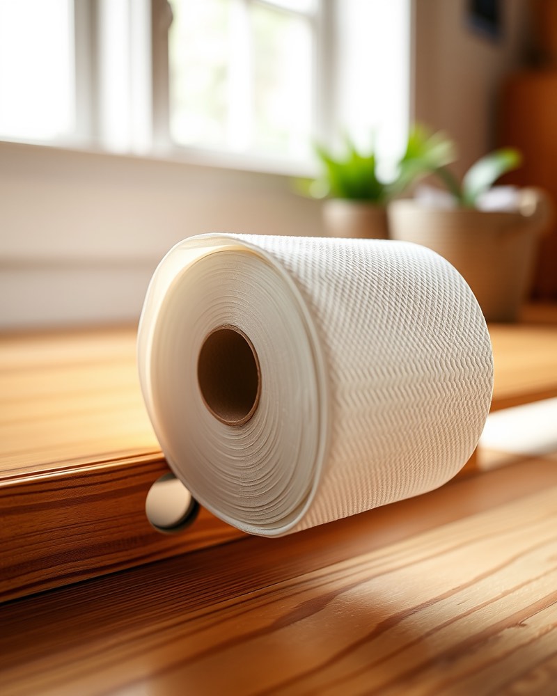 A rolled paper towel Sentinel Roll placed neatly in a small hole in a home baseboard