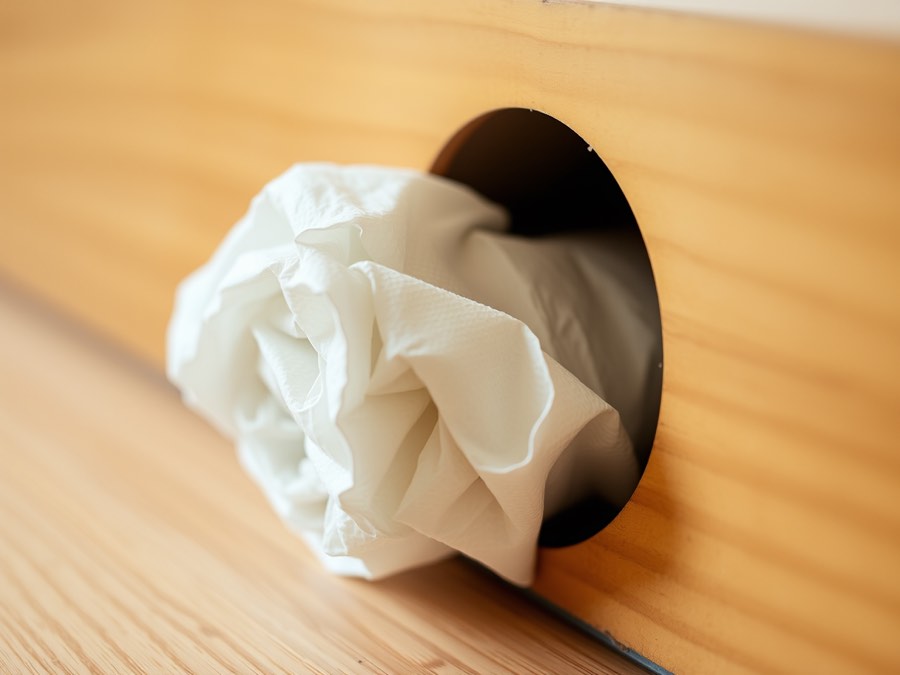 A hand placing a rolled paper towel Sentinel Roll into a gap